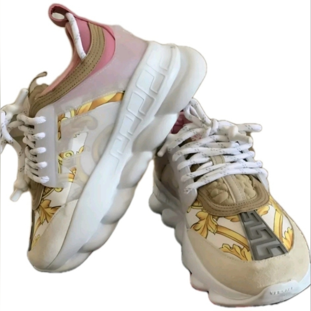 Versace Gold Hibiscus Baroque Print Pink Chain Reaction Trainers EU 37 US Wmns 7 - Picture 7 of 9